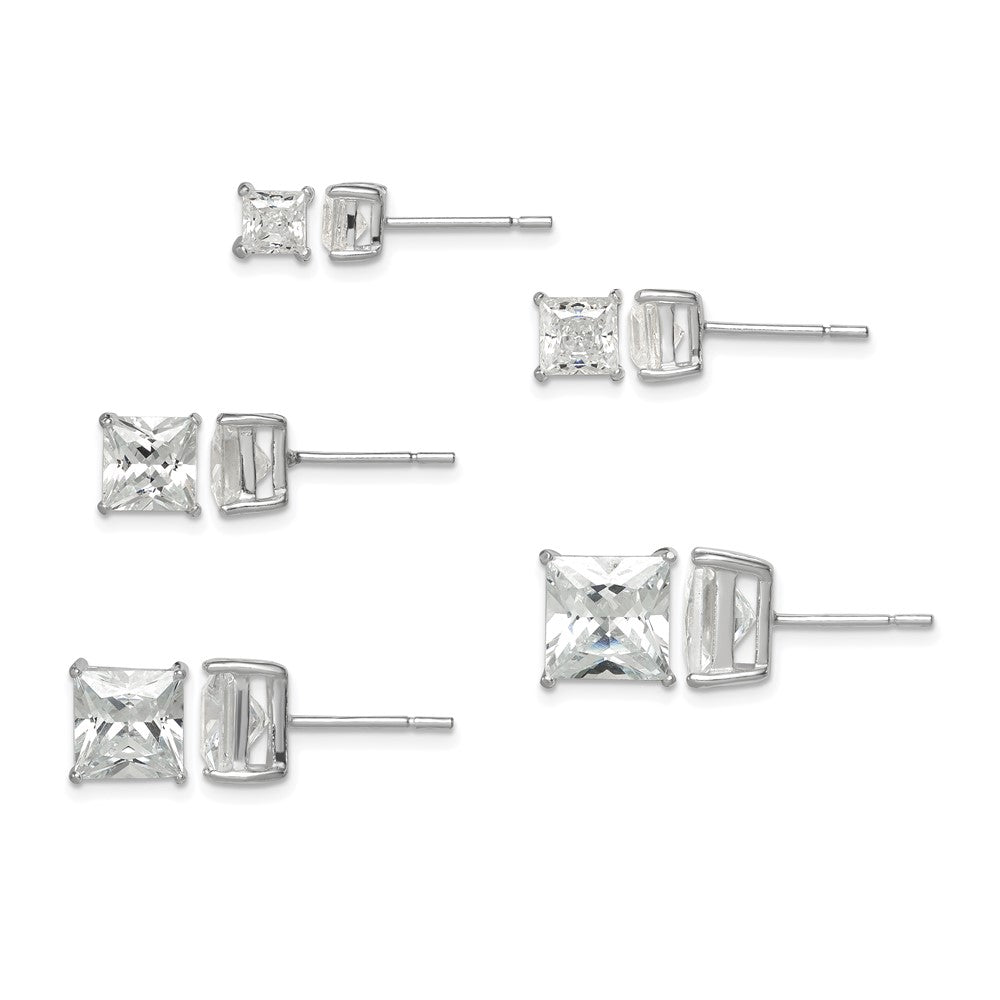 Sterling Silver Polished Square CZ 5-Pair Post Earrings Set