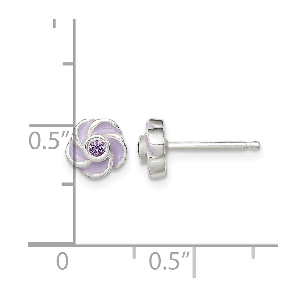 Sterling Silver Polished Purple CZ Enamel Flower Post Earrings