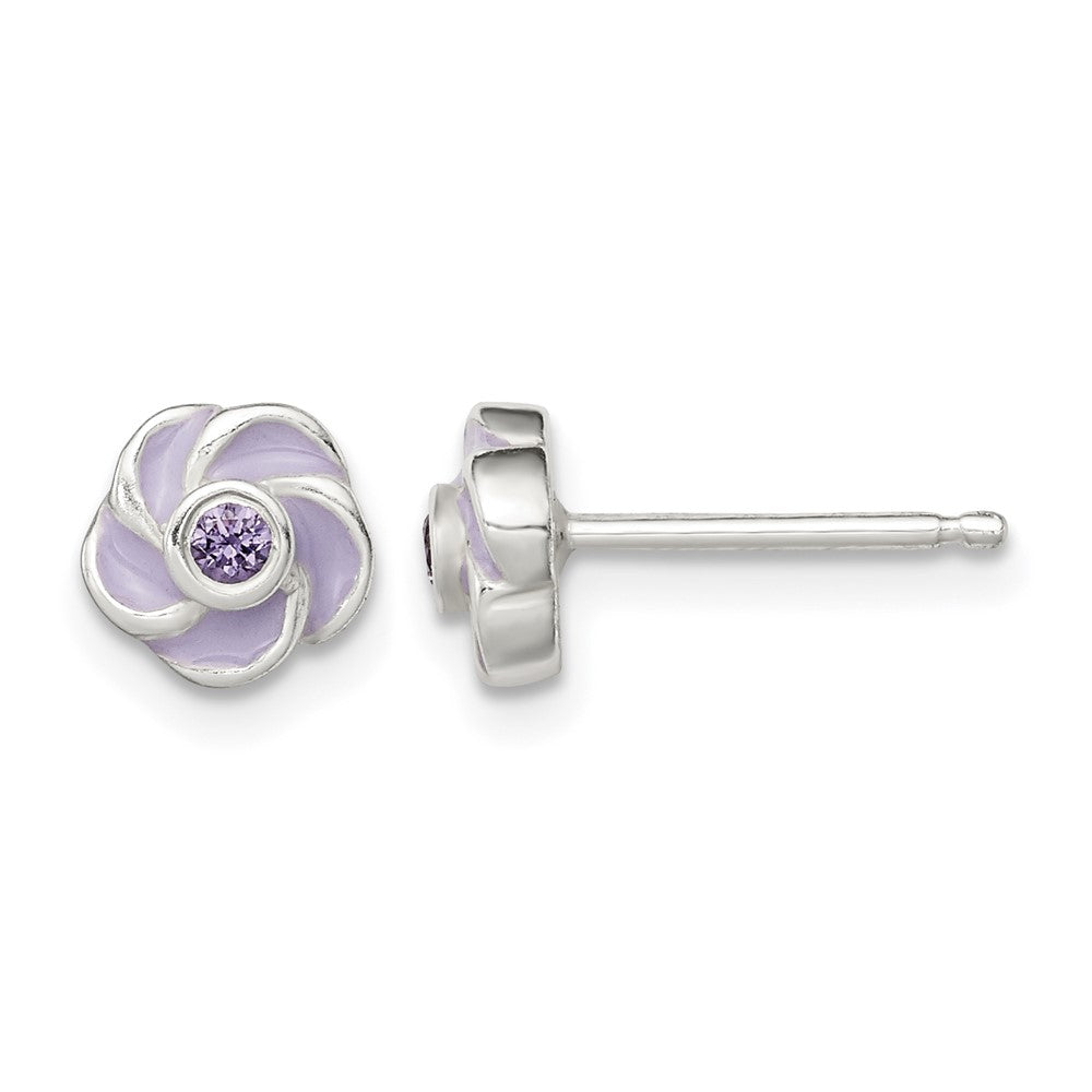 Sterling Silver Polished Purple CZ Enamel Flower Post Earrings