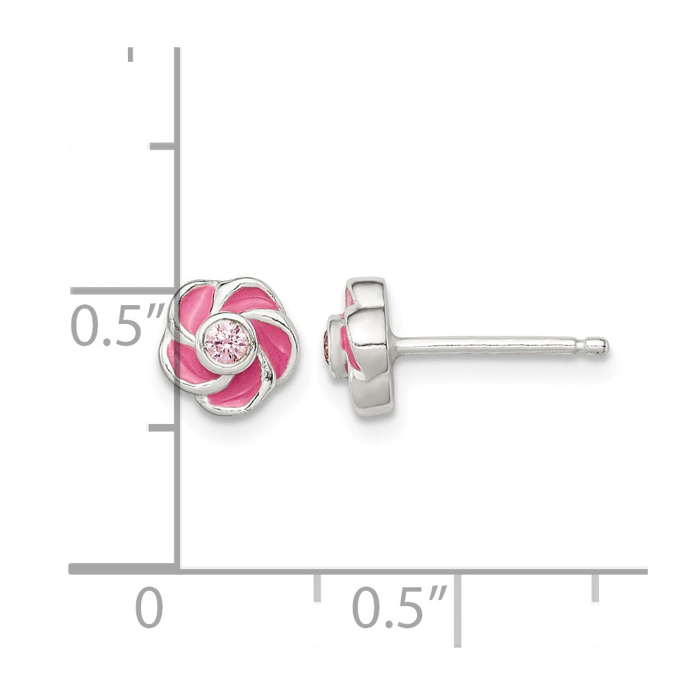 Sterling Silver Polished Enamel Flower CZ Post Earrings