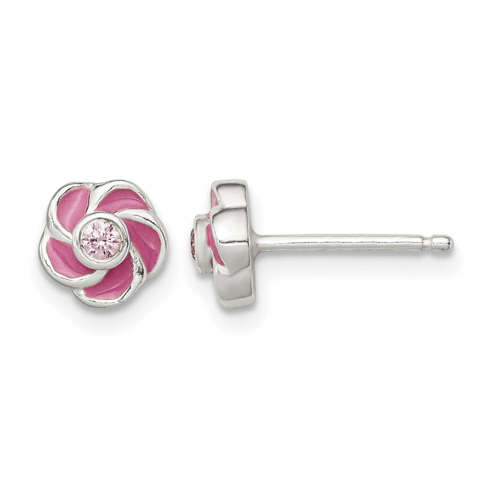 Sterling Silver Polished Enamel Flower CZ Post Earrings