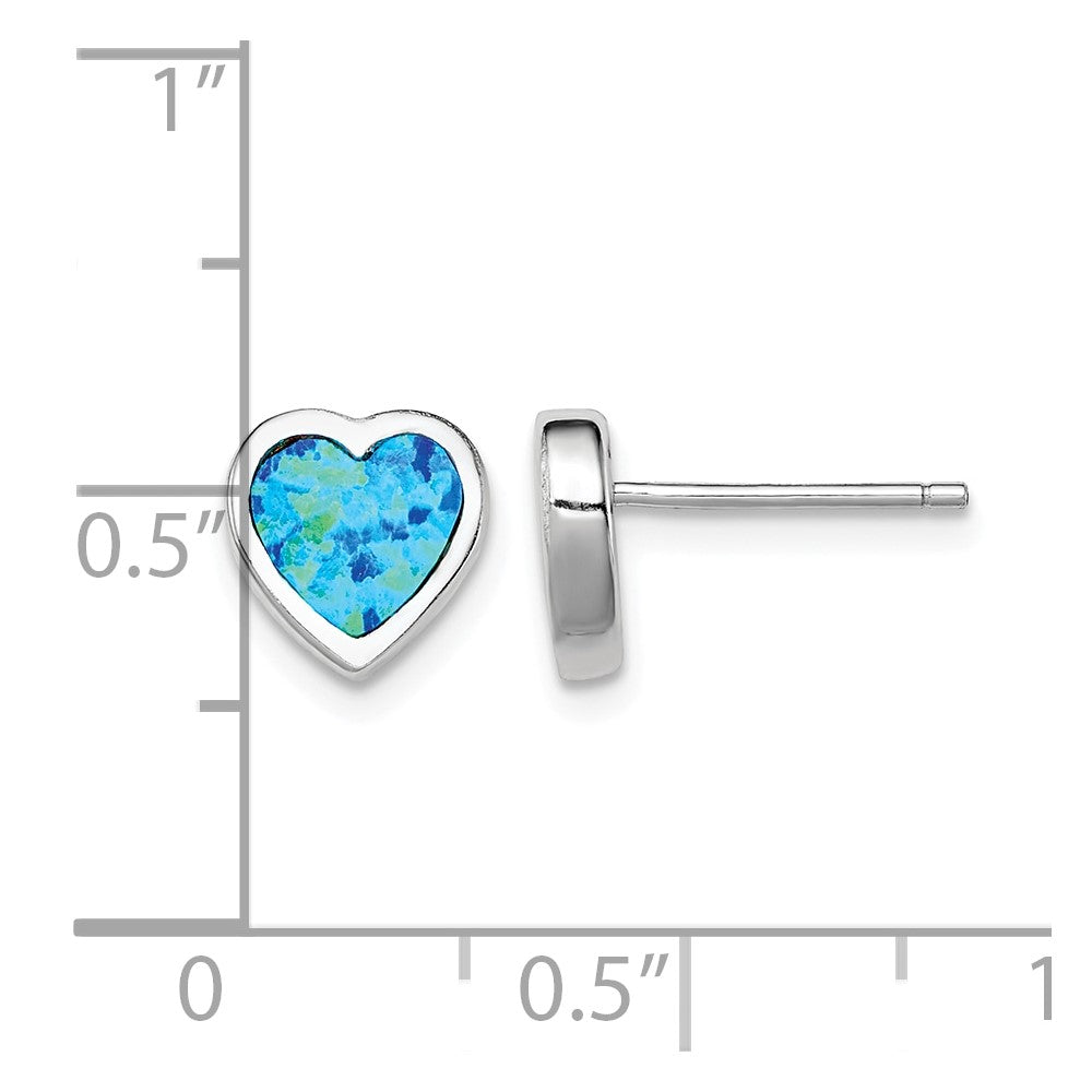 Sterling Silver Rhodium-plated 9mm Blue Created Opal Heart Post Earrings