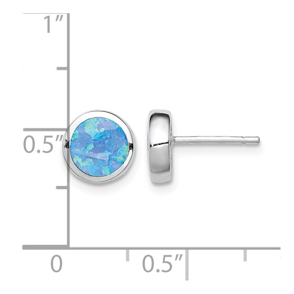 Sterling Silver RH-plated Polished Blue Created Opal Round Stud Earrings