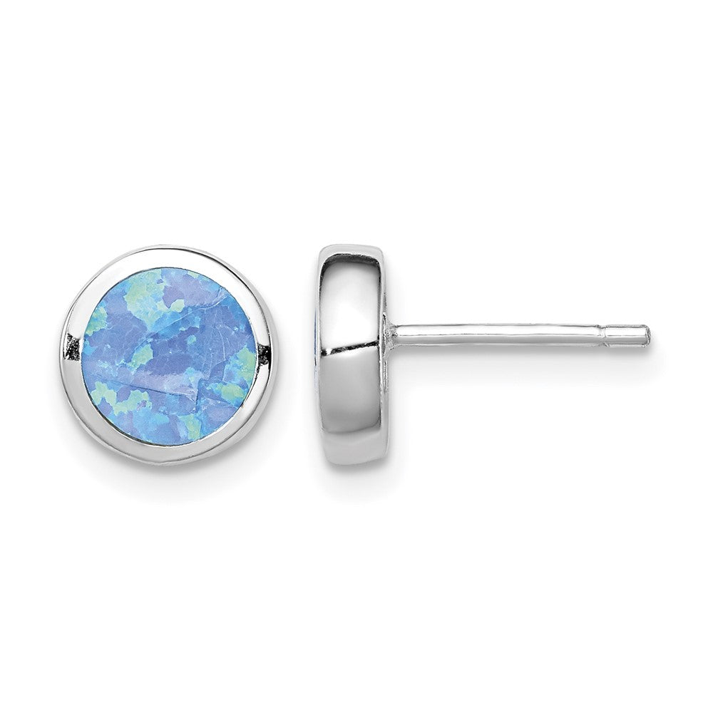 Sterling Silver RH-plated Polished Blue Created Opal Round Stud Earrings