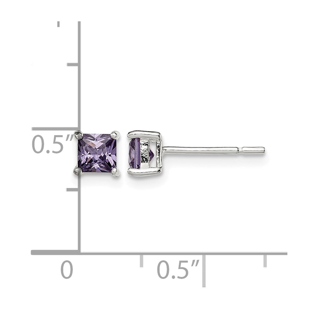Sterling Silver Polished Square 4mm Purple CZ Stud Earrings