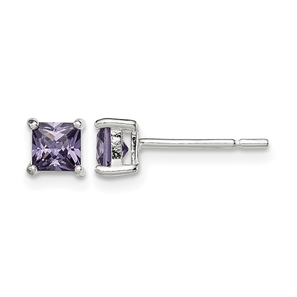 Sterling Silver Polished Square 4mm Purple CZ Stud Earrings