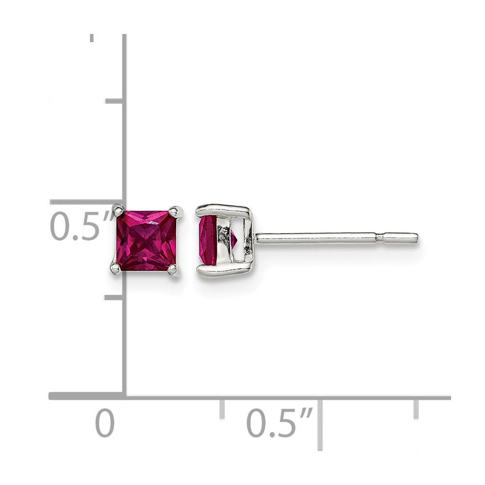 Sterling Silver Polished 4mm Square Dark Red Glass Stud Earrings