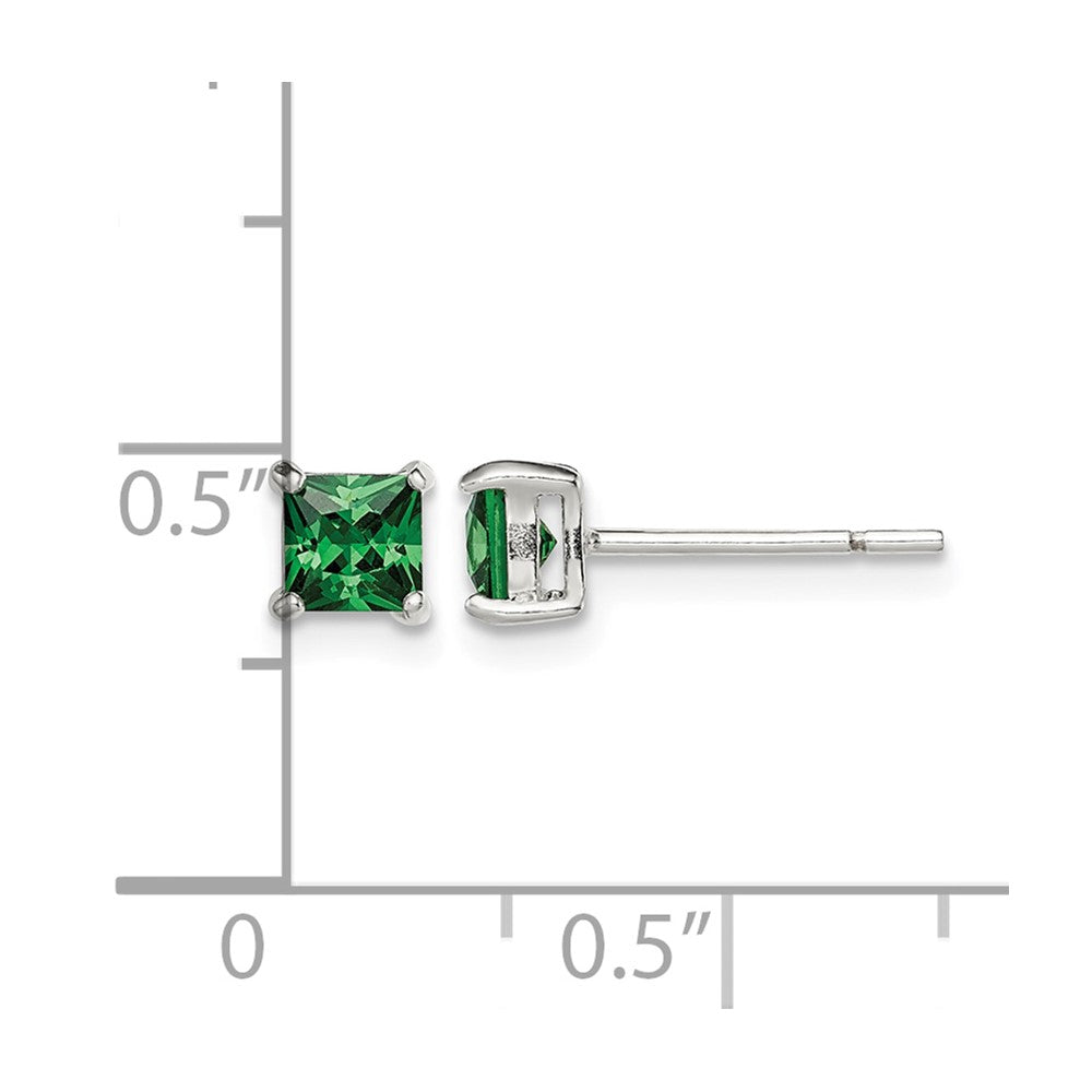 Sterling Silver Polished 4mm Square Green Glass Stud Earrings