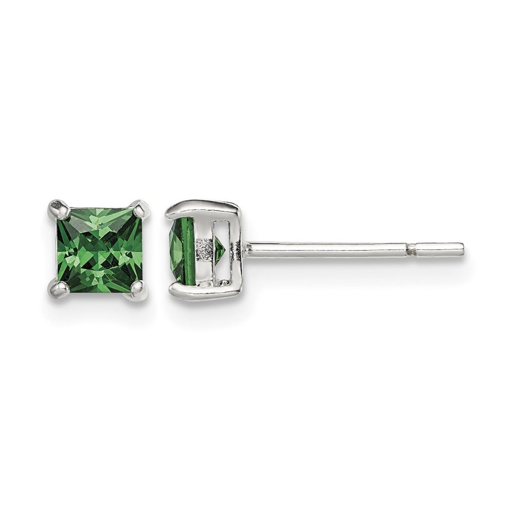 Sterling Silver Polished 4mm Square Green Glass Stud Earrings