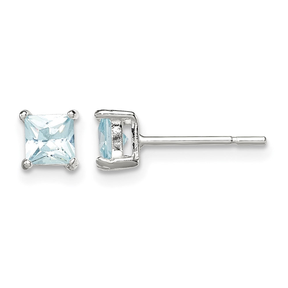 Sterling Silver Polished 4mm Square Light Blue CZ Stud Earrings