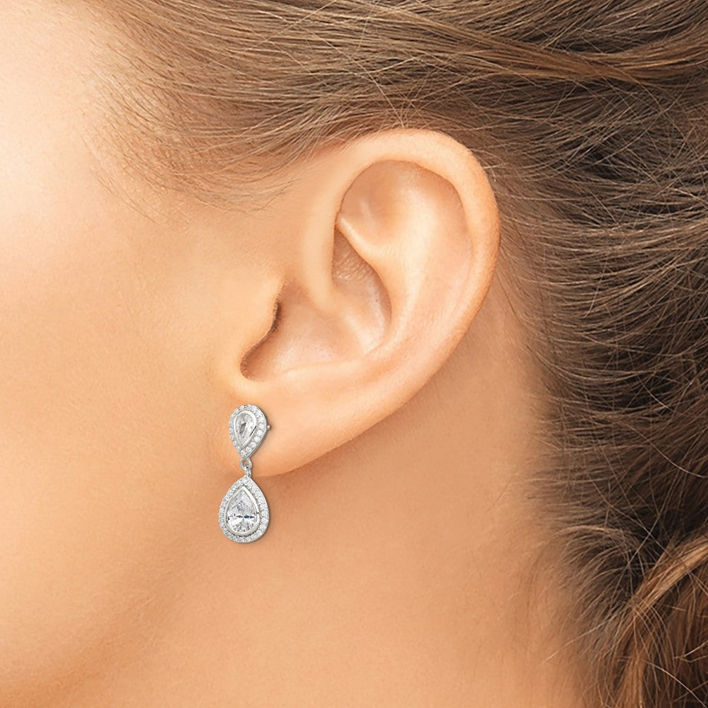Sterling Silver Rhodium-plated Polished CZ Pear Halo Post Dangle Earrings