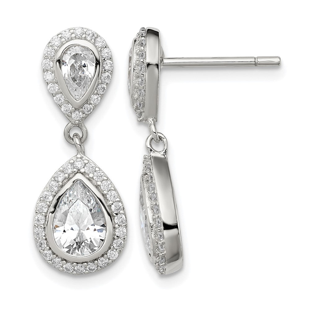 Sterling Silver Rhodium-plated Polished CZ Pear Halo Post Dangle Earrings