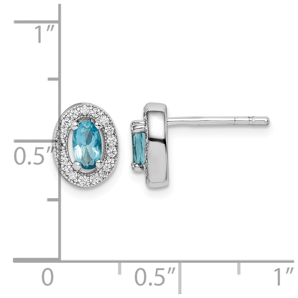 Sterling Silver Rhod-plated w/ Light Blue and White CZ Oval Earrings