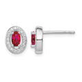 Sterling Silver Rhod-plated Red and White CZ Oval Stud Earrings