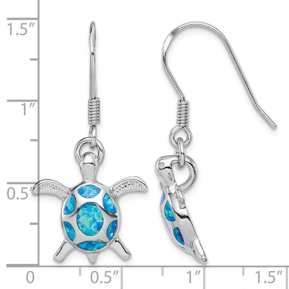 Sterling Silver RH-plated Blue Created Opal Turtle Shepherd Hook Earrings