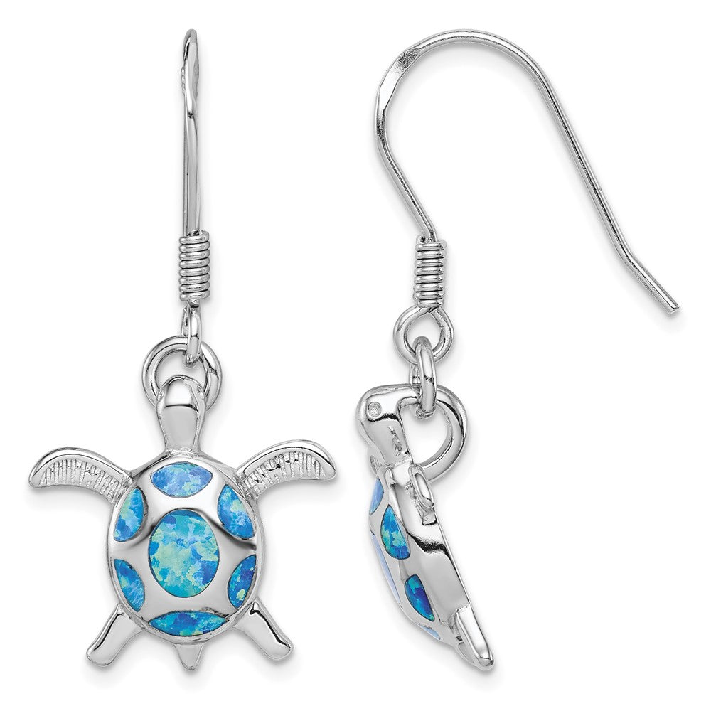 Sterling Silver RH-plated Blue Created Opal Turtle Shepherd Hook Earrings