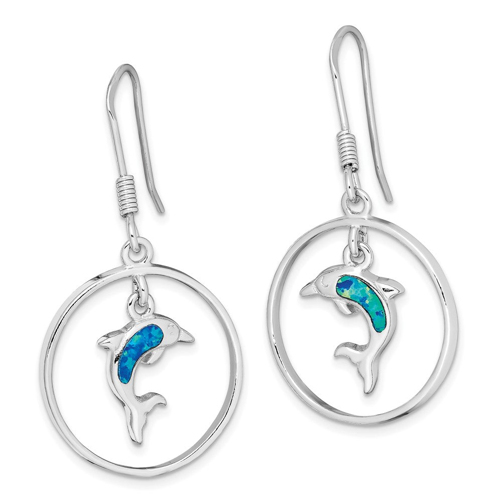 Sterling Silver Rhodium w/Created Blue Opal Dolphin Dangle Earrings