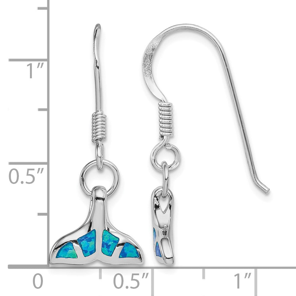 Sterling Silver Rhod Created Opal Dolphin Tail Dangle Earrings