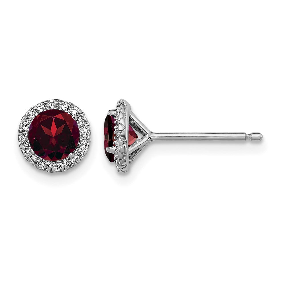 Sterling Silver Rhodium-plated Garnet and CZ Post Earrings
