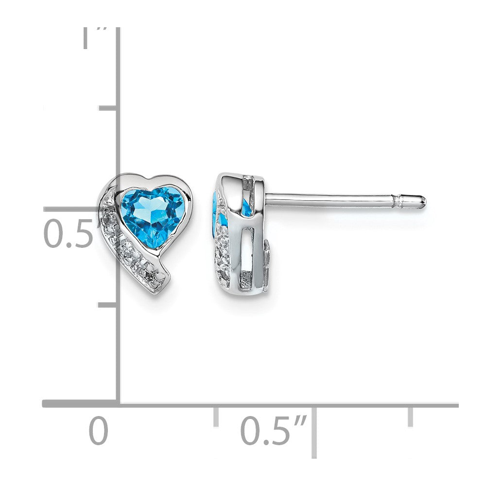 Sterling Silver Rhodium-plated Blue Topaz and Diamond Heart Earrings