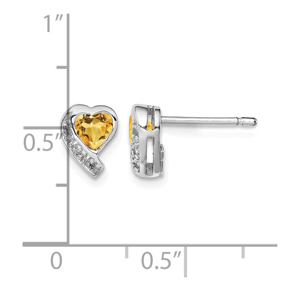 Sterling Silver Rhodium-plated Citrine and Diamond Heart Earrings