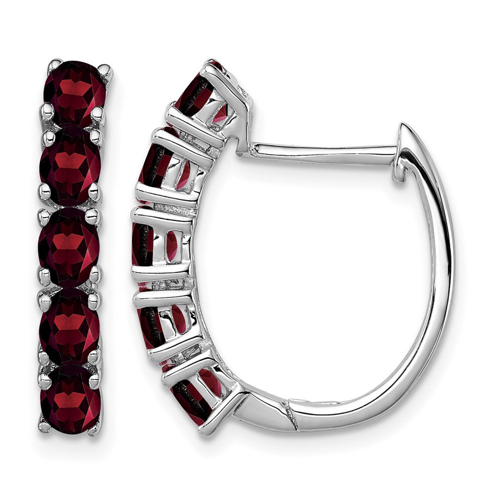 Sterling Silver Rhodium-plated Polished Garnet Hinged Hoop Earrings