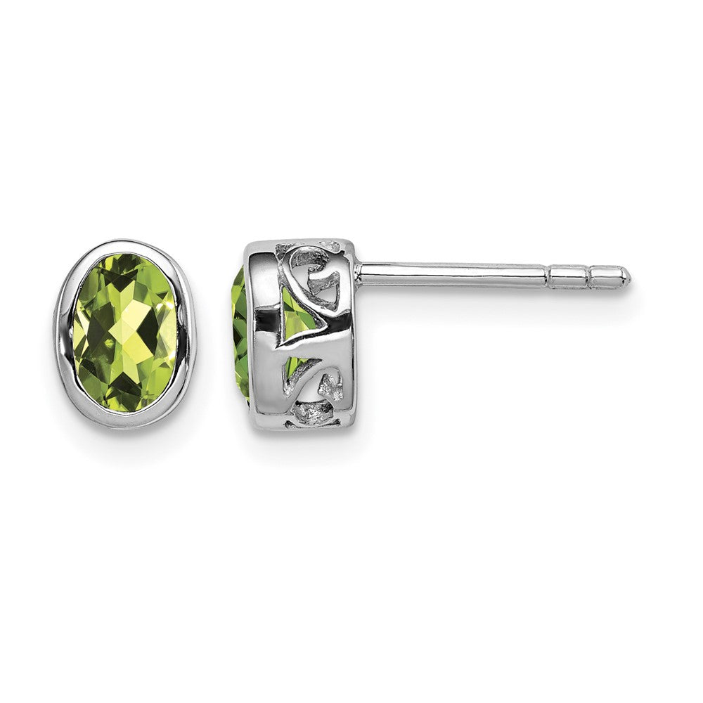 Sterling Silver Rhodium-plated Polished Peridot Oval Post Earrings