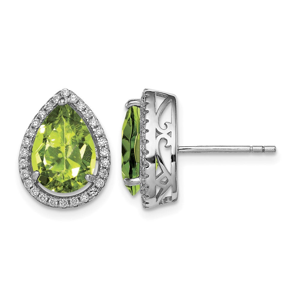 Sterling Silver Rhodium Polished Simulated Peridot & CZ Post Earrings