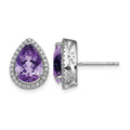 Sterling Silver Rhodium Polished Amethyst & CZ Post Earrings