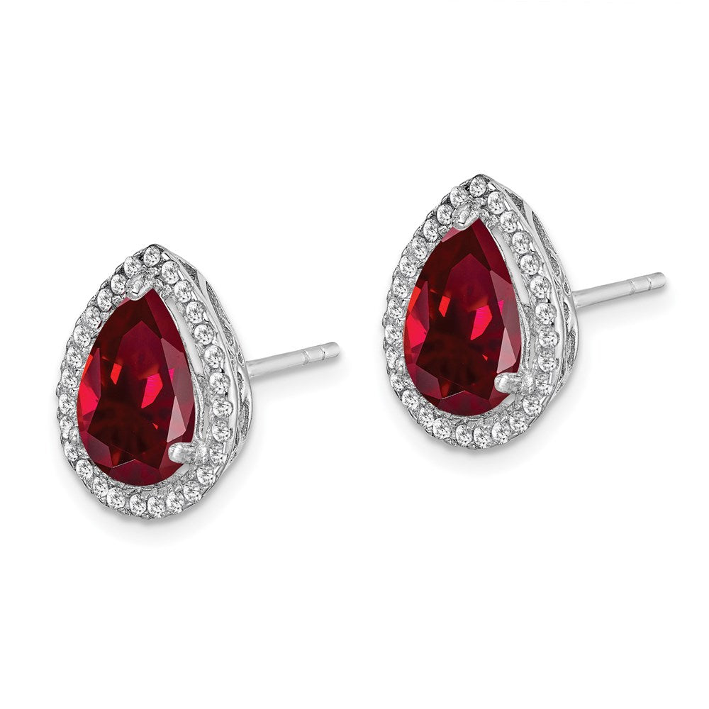 Sterling Silver Rhodium Polished CZ and Lab Created Ruby Pear Post Earrings