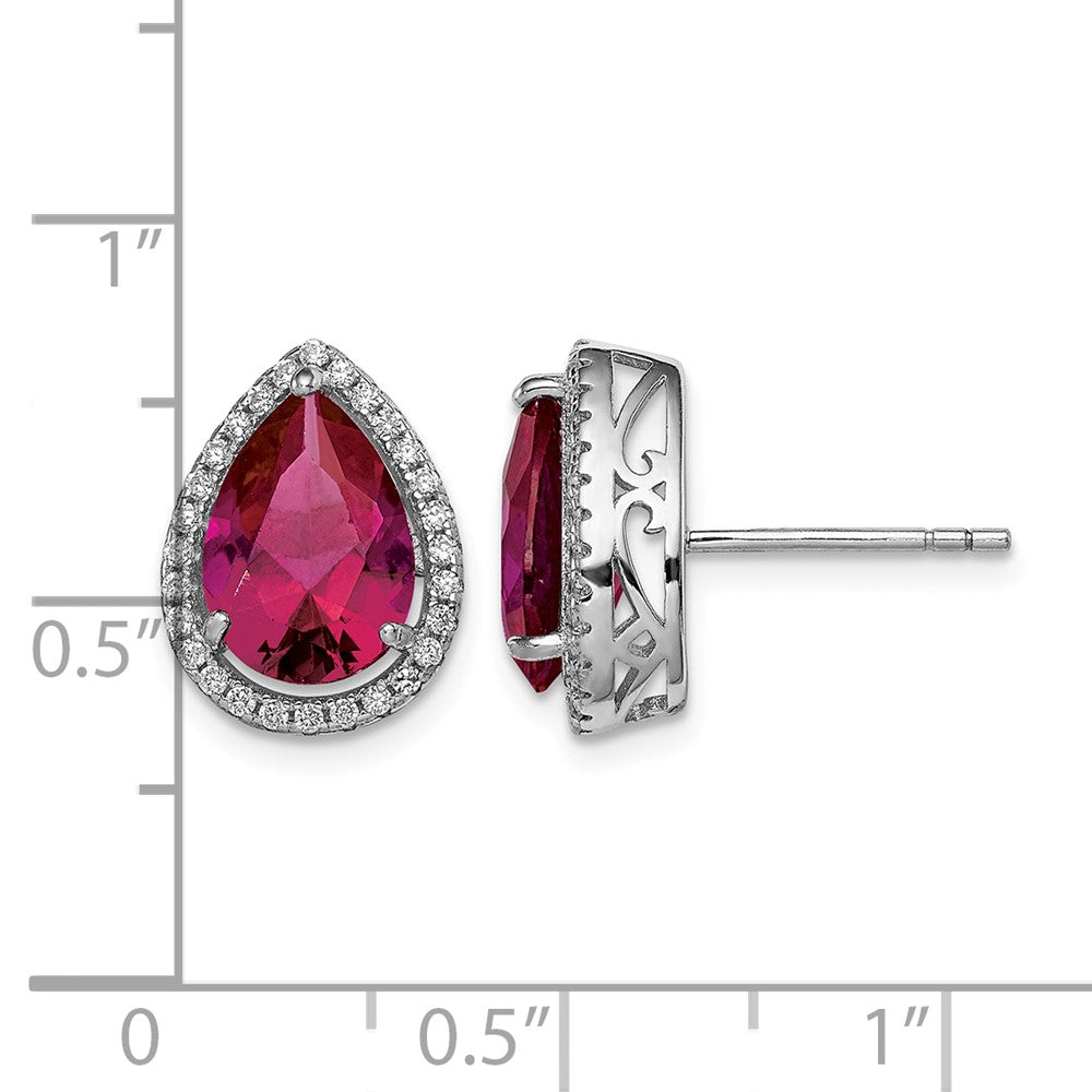 Sterling Silver Rhodium Polished CZ and Lab Created Ruby Pear Post Earrings