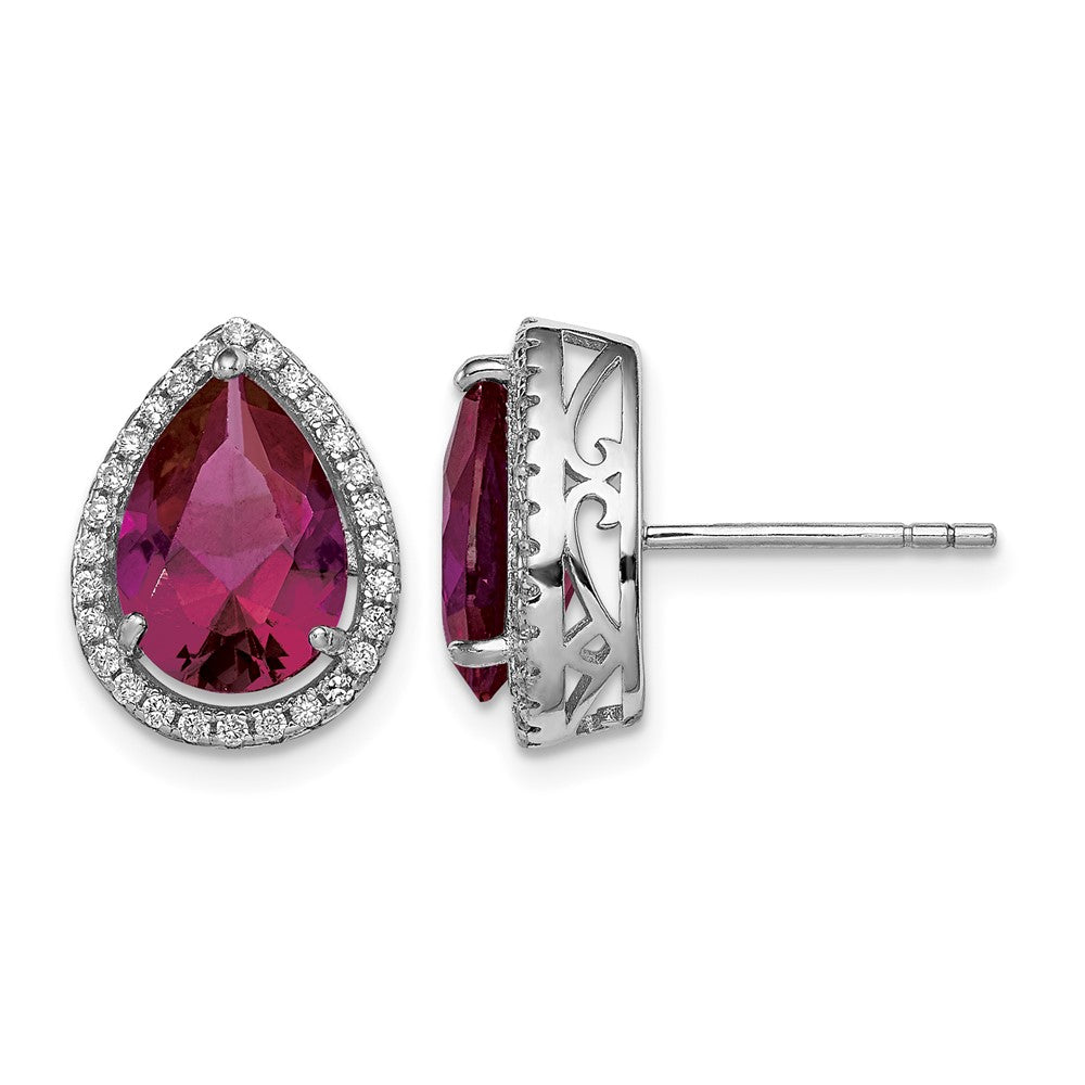 Sterling Silver Rhodium Polished CZ and Lab Created Ruby Pear Post Earrings