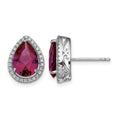 Sterling Silver Rhodium Polished CZ and Lab Created Ruby Pear Post Earrings