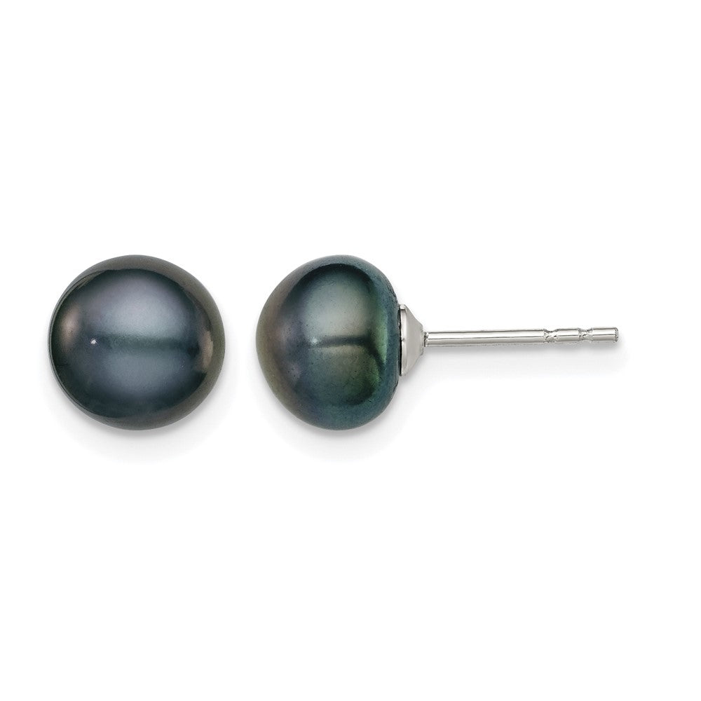 Sterling Silver Rh-plated 7-8mm Black FW Cultured Button Pearl Stud Earring