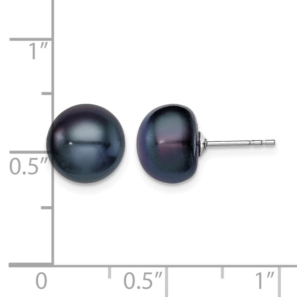 Sterling Silver Rh-plated 9-10mm Black FWC Button Pearl Earrings