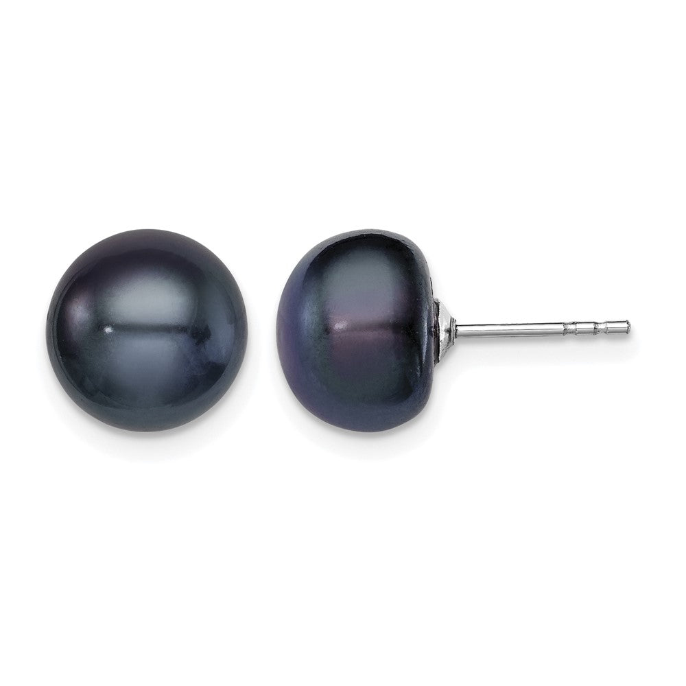 Sterling Silver Rh-plated 9-10mm Black FWC Button Pearl Earrings