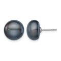 Sterling Silver Rh-plated 11-12mm Black FWC Button Pearl Earrings