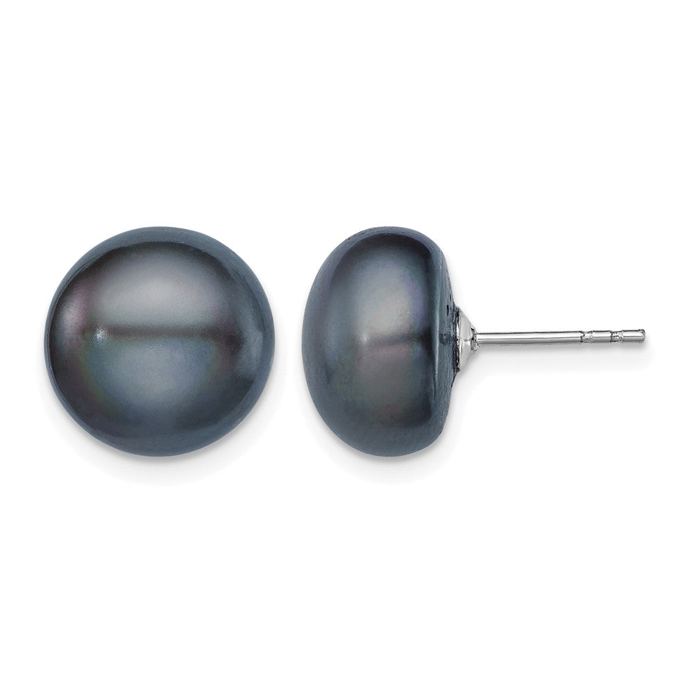 Sterling Silver Rh-plated 11-12mm Black FWC Button Pearl Earrings