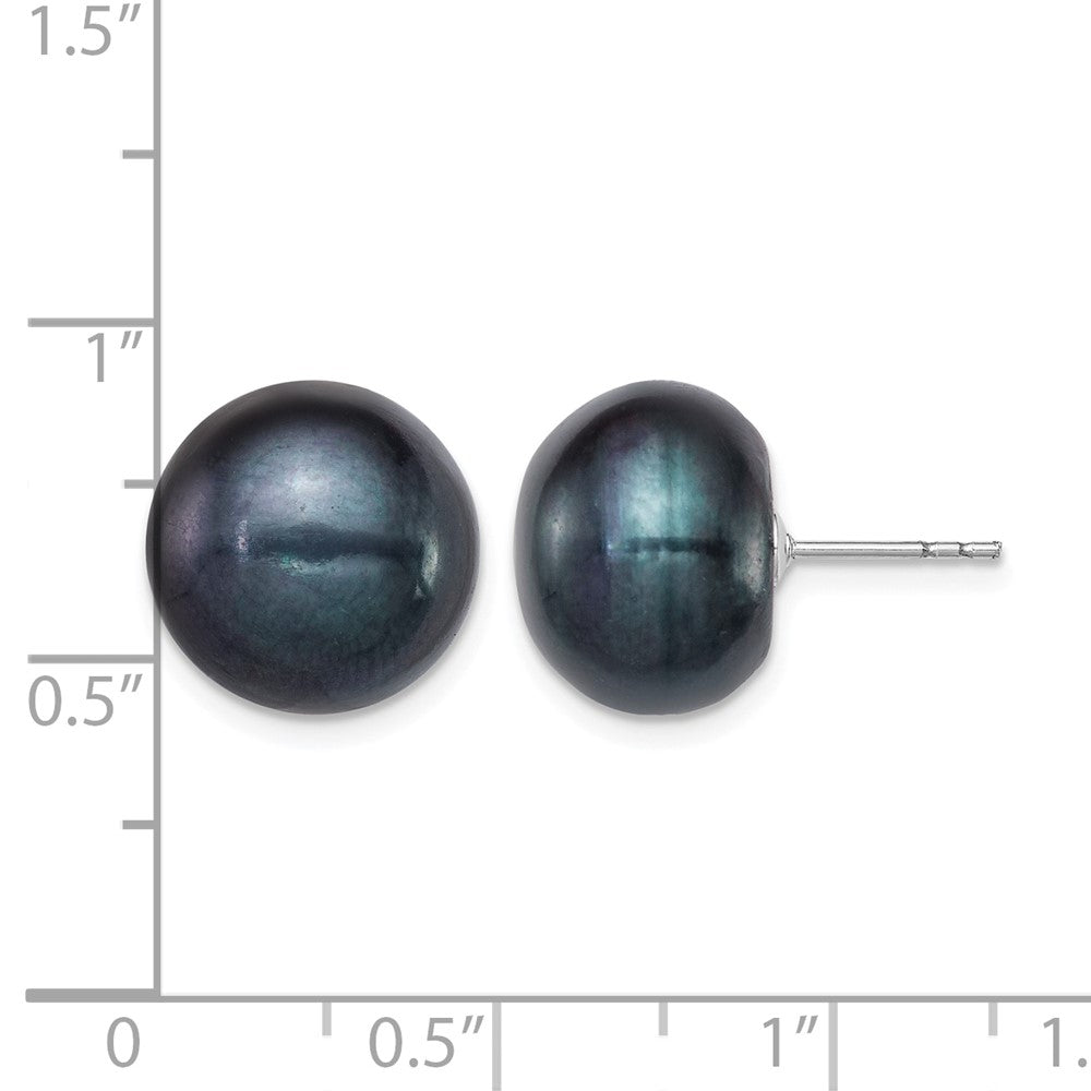 Sterling Silver Rh-plated 12-13mm Black FWC Button Pearl Earrings