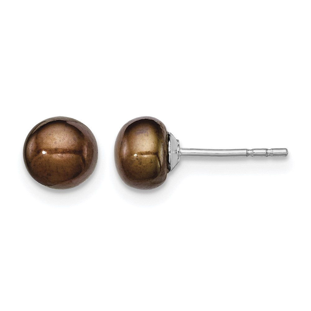 Sterling Silver Rh-plated 5-6mm Brown FW Cultured Button Pearl Stud Earring
