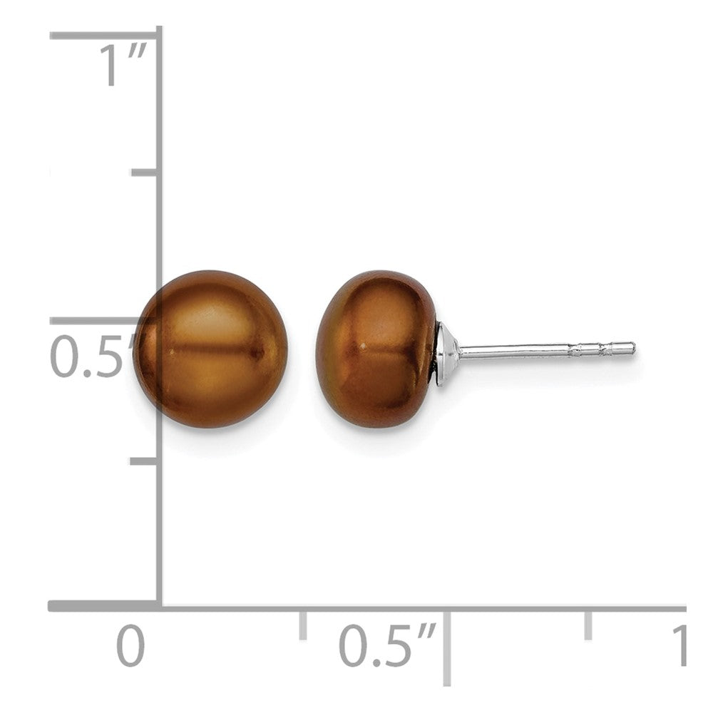 Sterling Silver Rh-plated 7-8mm Brown FW Cultured Button Pearl Stud Earring