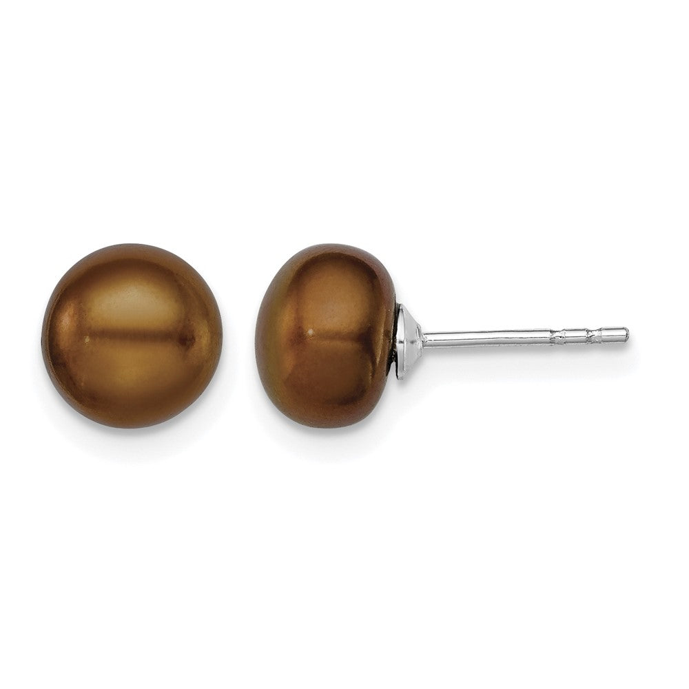 Sterling Silver Rh-plated 7-8mm Brown FW Cultured Button Pearl Stud Earring
