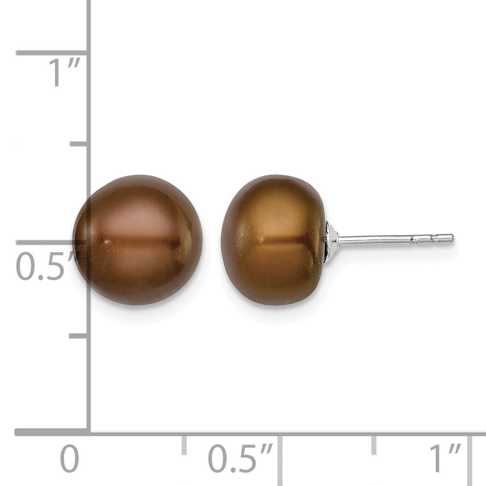 Sterling Silver Rh-plated 9-10mm Brown FWC Button Pearl Earrings