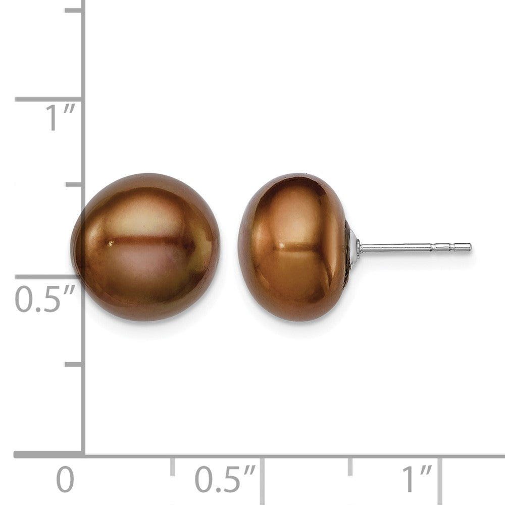 Sterling Silver Rh-plated 11-12mm Brown FWC Button Pearl Earrings