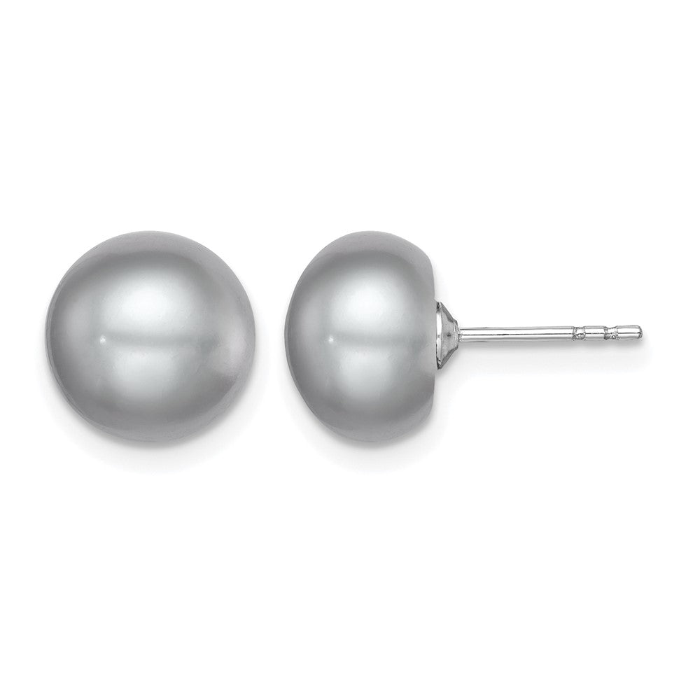 Sterling Silver Rh-plated 9-10mm Grey FW Cultured Button Pearl Stud Earring