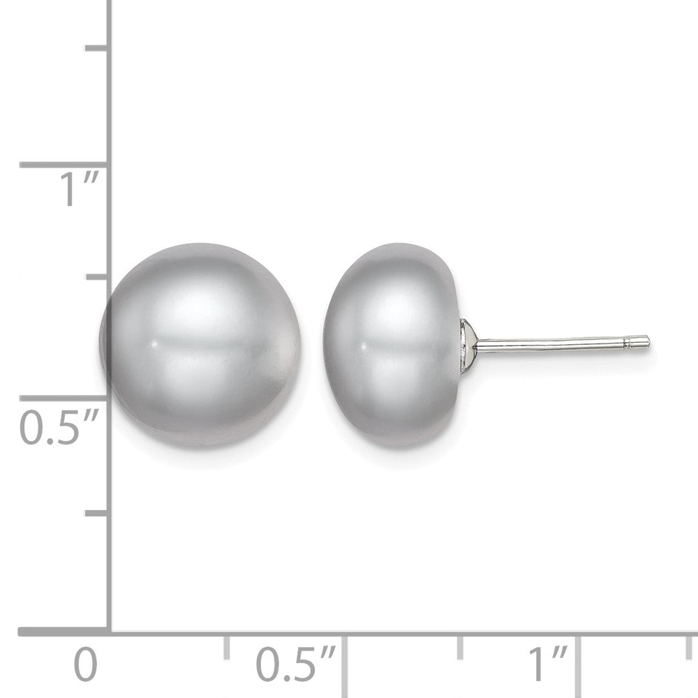 Sterling Silver Rh-plated 11-12mm Grey FWC Button Pearl Earrings