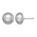 Sterling Silver Rh-plated 11-12mm Grey FWC Button Pearl Earrings