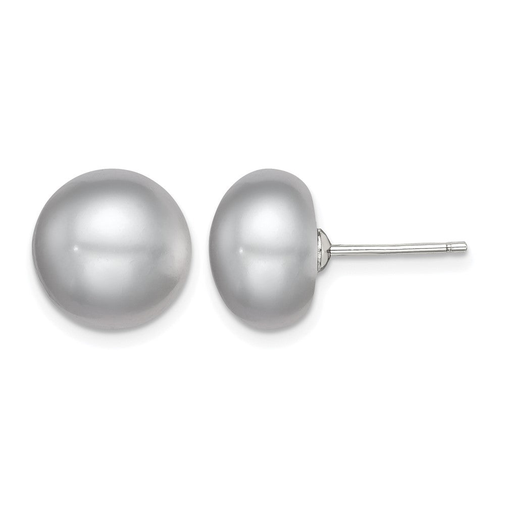 Sterling Silver Rh-plated 11-12mm Grey FWC Button Pearl Earrings