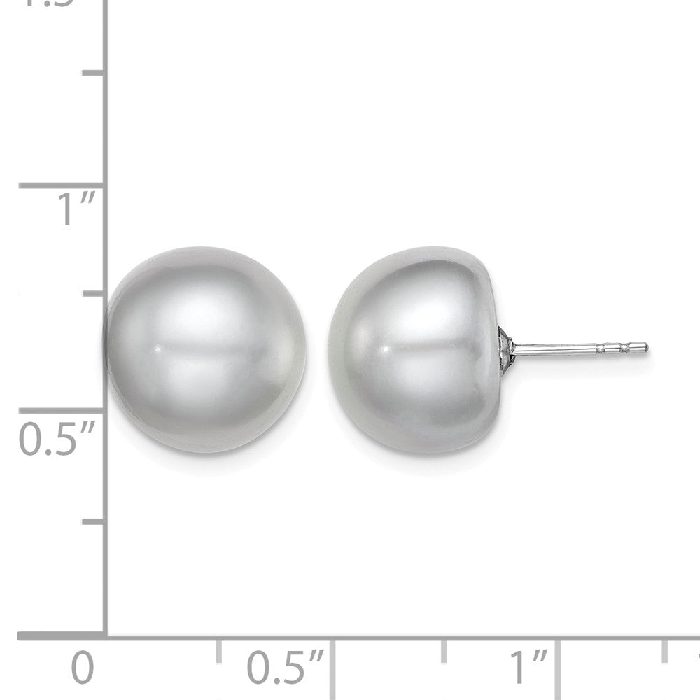 Sterling Silver Rh-plated 12-13mm Grey FWC Button Pearl Earrings