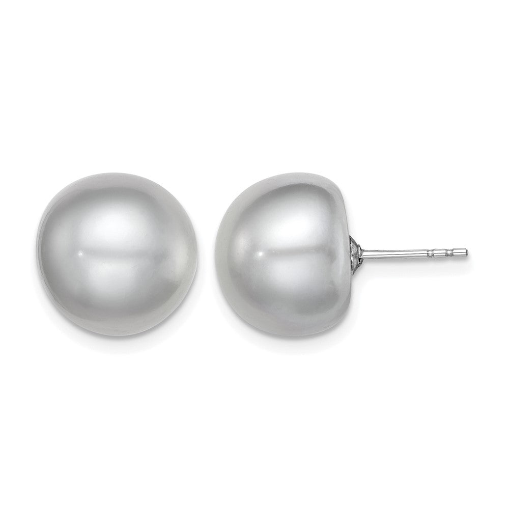 Sterling Silver Rh-plated 12-13mm Grey FWC Button Pearl Earrings